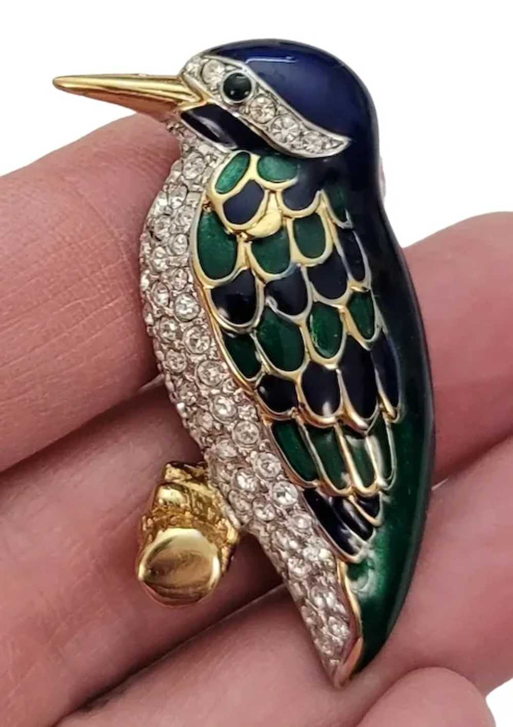 iG Brand Blue, Green Enamel Clear Rhinestone Bird… - image 3