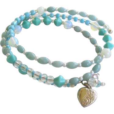 Aqua Beaded Wrap Bracelet with Silver Heart - image 1