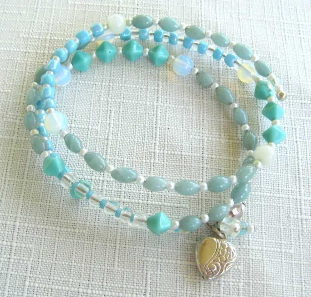 Aqua Beaded Wrap Bracelet with Silver Heart - image 2