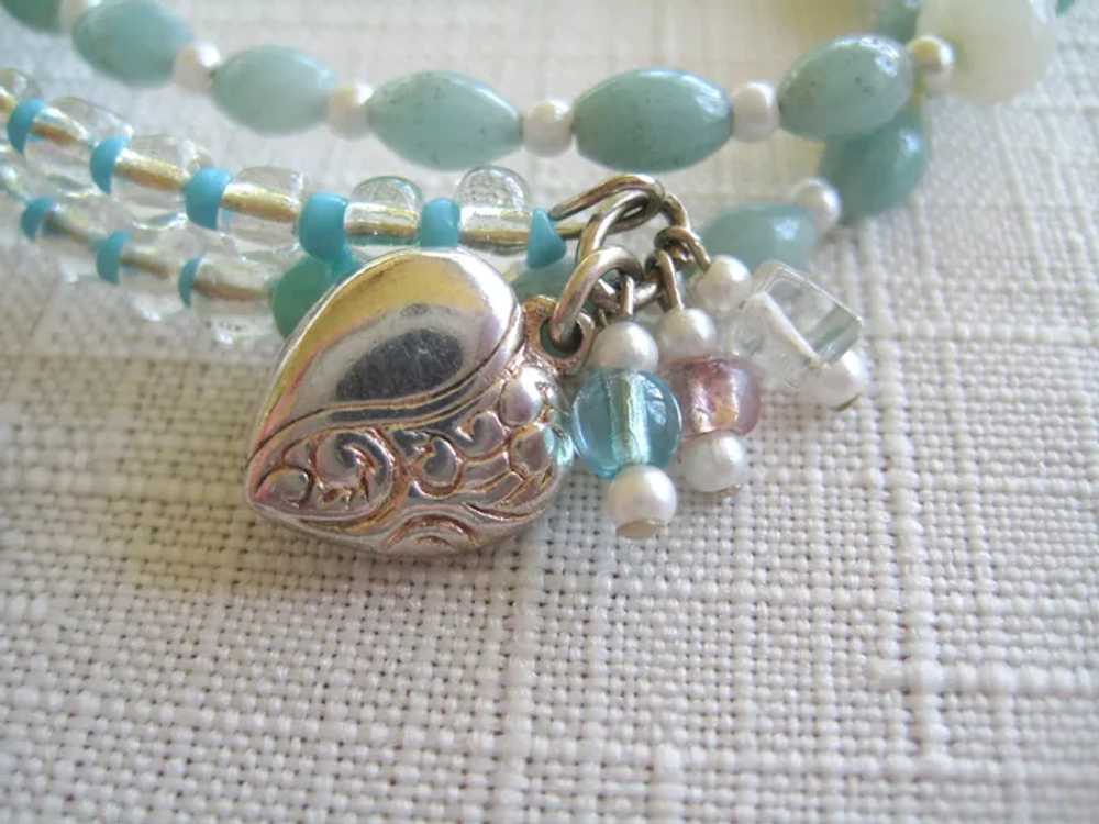 Aqua Beaded Wrap Bracelet with Silver Heart - image 3