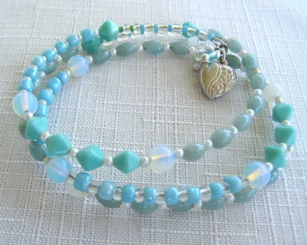 Aqua Beaded Wrap Bracelet with Silver Heart - image 5