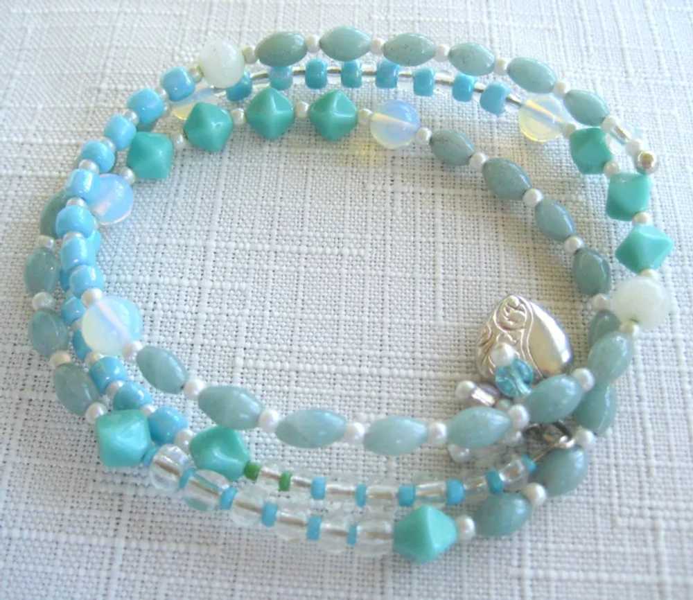 Aqua Beaded Wrap Bracelet with Silver Heart - image 6