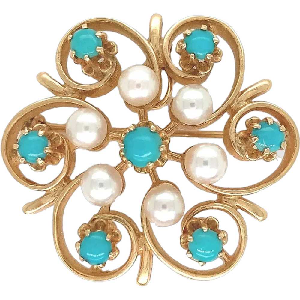 14K Yellow Gold Turquoise and Pearl Brooch Pin - image 1