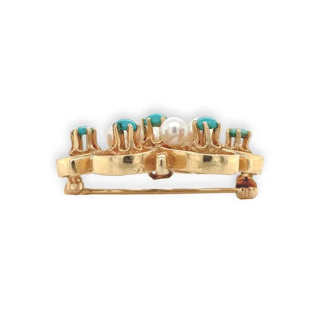 14K Yellow Gold Turquoise and Pearl Brooch Pin - image 2