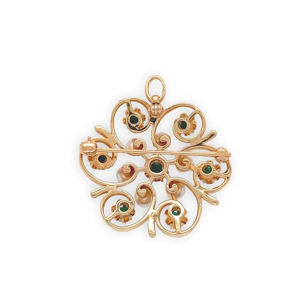 14K Yellow Gold Turquoise and Pearl Brooch Pin - image 3