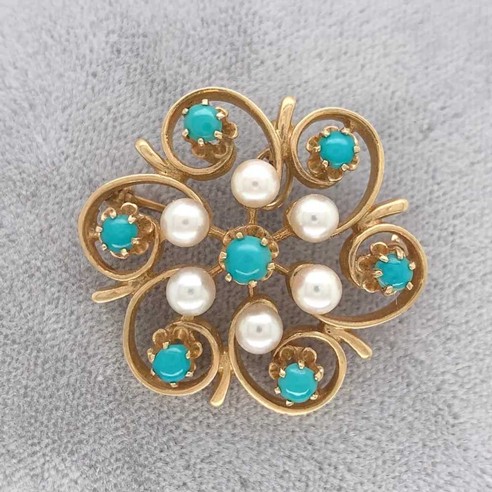 14K Yellow Gold Turquoise and Pearl Brooch Pin - image 4