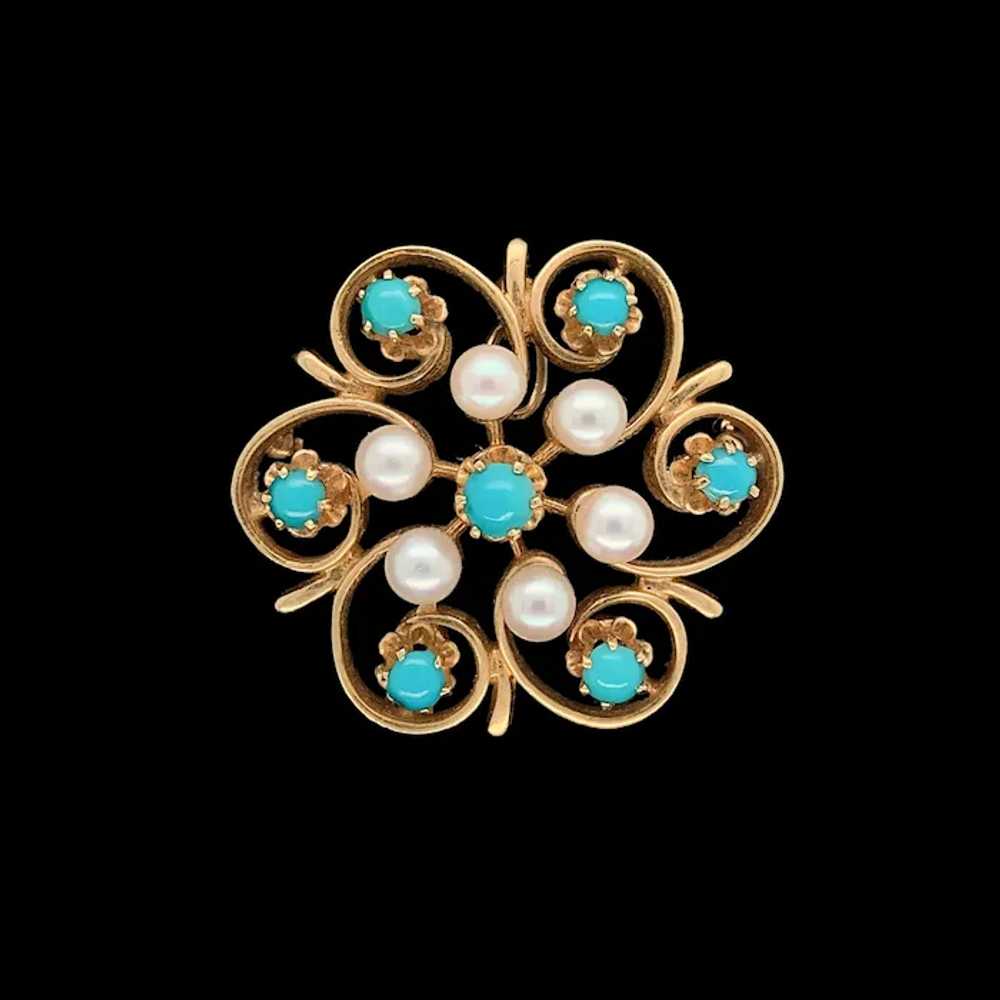 14K Yellow Gold Turquoise and Pearl Brooch Pin - image 5