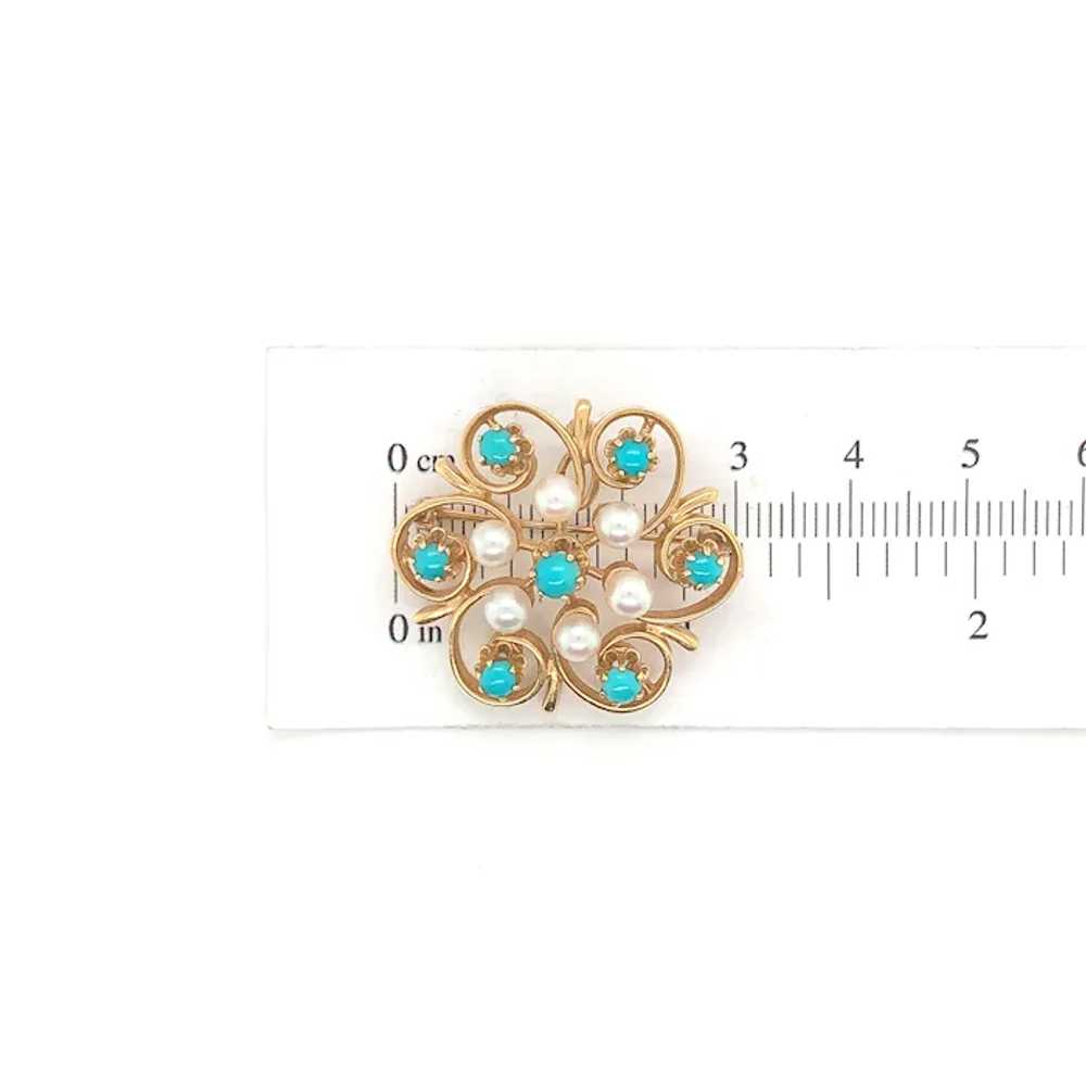 14K Yellow Gold Turquoise and Pearl Brooch Pin - image 7