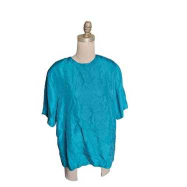 Vintage 90s Teal August Silk Blouse 100% silk - S… - image 1