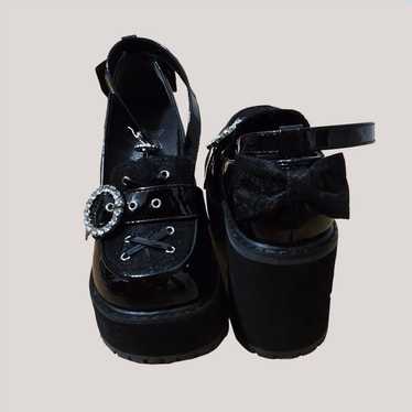 jirai kei polished black chunky buckle heels