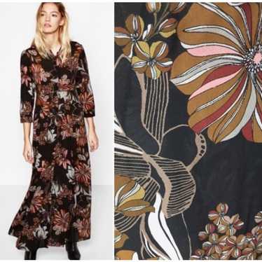 Zara Floral Print Maxi Long Sleeve Shirt Dress Sma