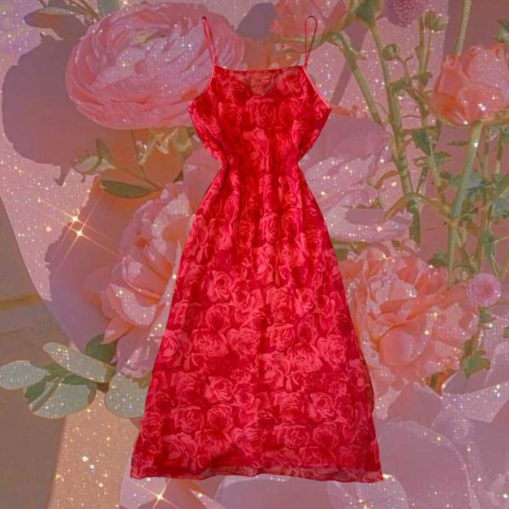 Vintage Red Floral Sheer Dress - image 1