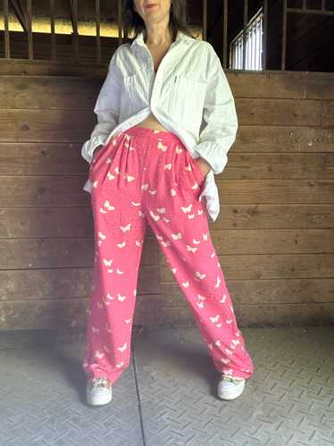 1980s Pink Silk Jacquard Butterfly Pants