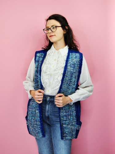 1970s Vintage Woven Blue Vest with Pockets - open 