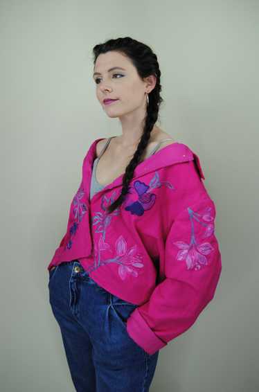 1990s Vintage Hot Pink Embroidered Flower Jacket -