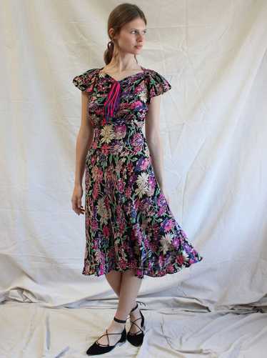 40s Silk Floral Ribbon Dress