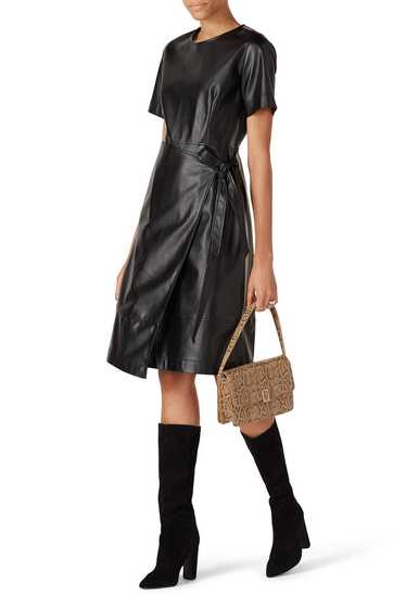 Natori Black Faux Leather Wrap Dress