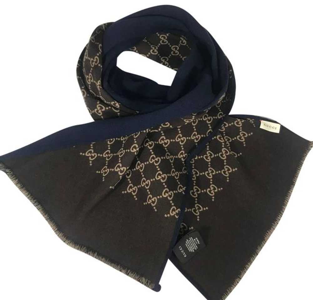 GUCCI Blue/Brown Gg Ripon Wool Unisex Scarf/Wrap - image 1