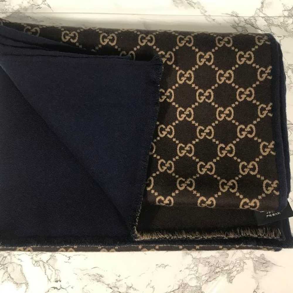 GUCCI Blue/Brown Gg Ripon Wool Unisex Scarf/Wrap - image 2