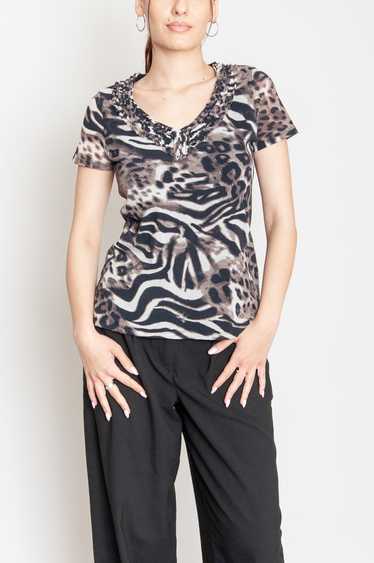 Animal Print Top Short Sleeve With Ruffles Brown … - image 1