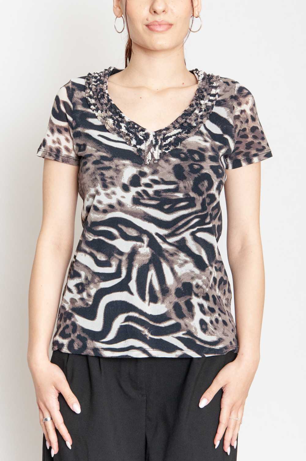 Animal Print Top Short Sleeve With Ruffles Brown … - image 2