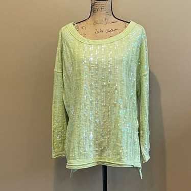 New Free People Green Knit Sequin Shirt Top XS #38
