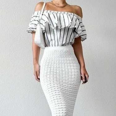 Topshop White Off Shoulder Ruffle Striped Top XS