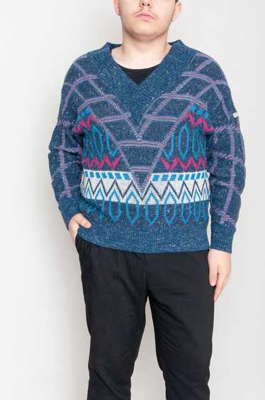 80s Adidas pattern jumper with V-neck Blue - image 1