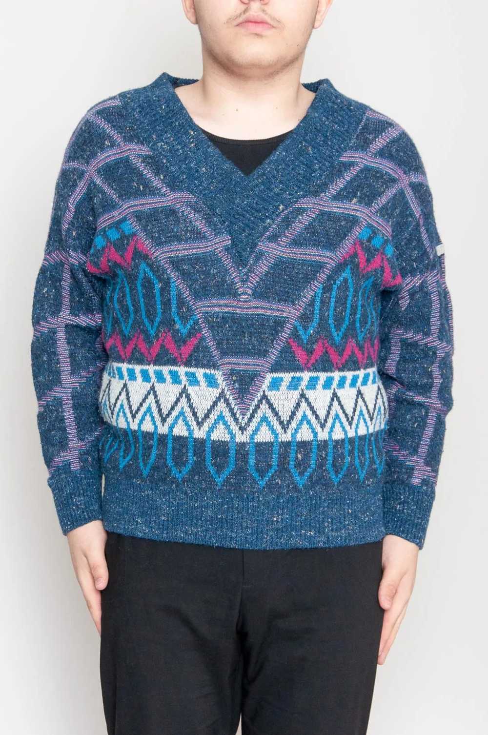 80s Adidas pattern jumper with V-neck Blue - image 2