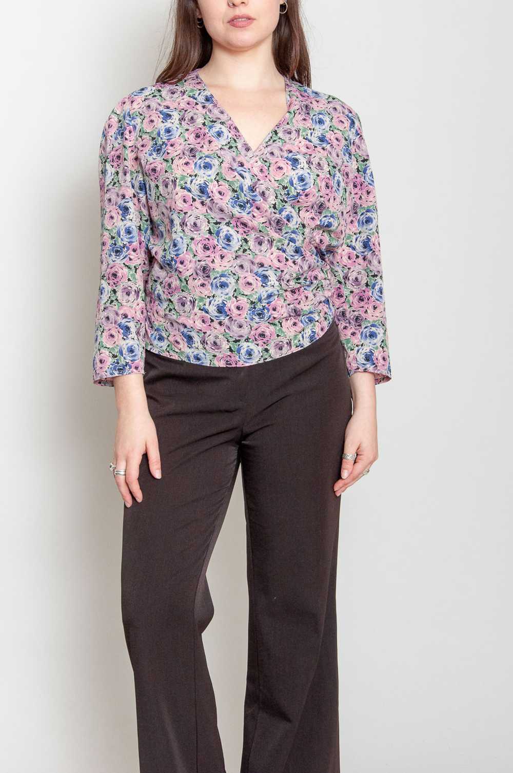 Asymmetric wrap blouse with floral pattern Purple… - image 1