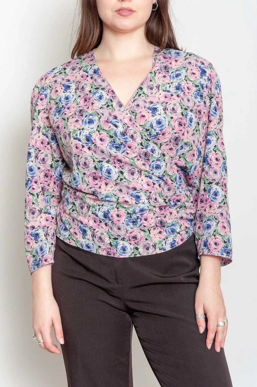 Asymmetric wrap blouse with floral pattern Purple… - image 2