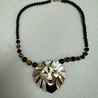 Vintage Lee Sands Onyx Tigers Eye Lion Head Neckl… - image 1