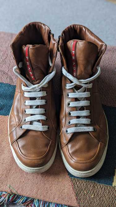 Prada Prada cognac leather high top sneaker,