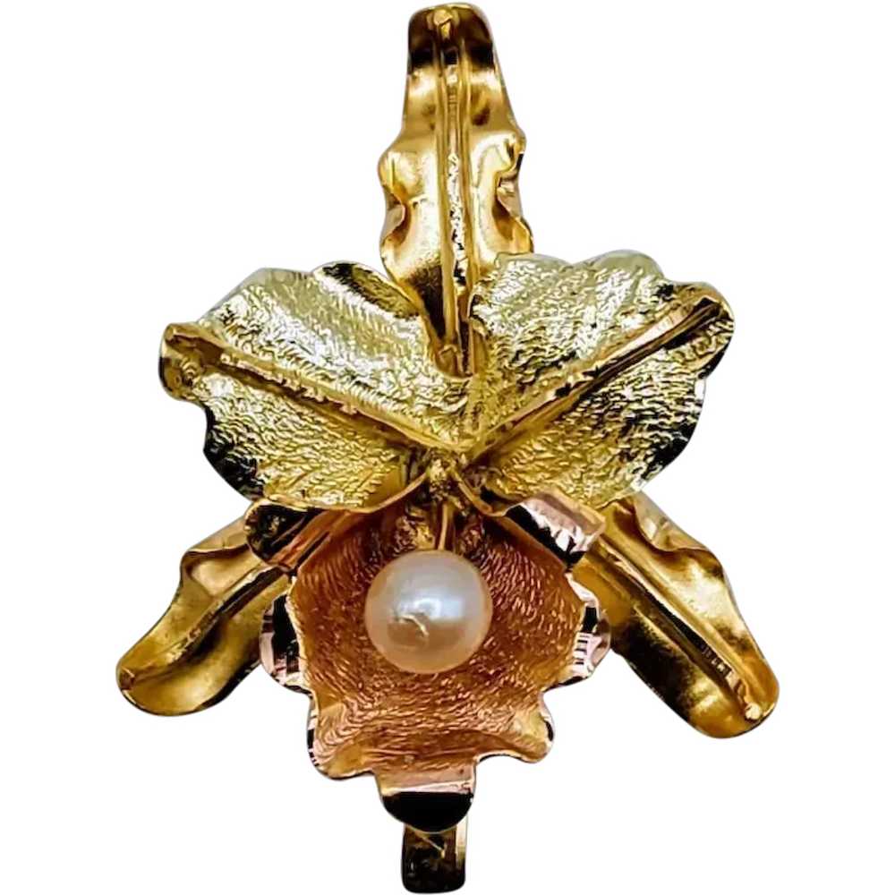 18K Gold Orchid Cultured Pearl Pendant - image 1