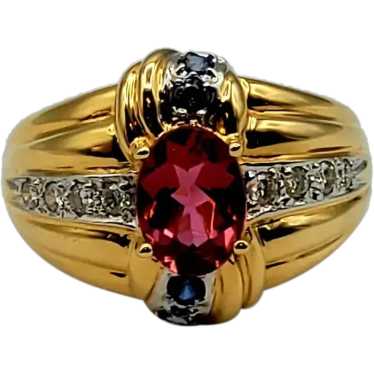 14K Gold Pink Tourmaline Blue Topaz Diamond Ring - image 1