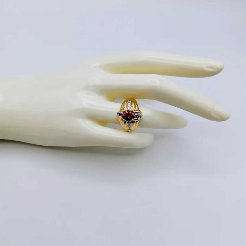 14K Gold Pink Tourmaline Blue Topaz Diamond Ring - image 3