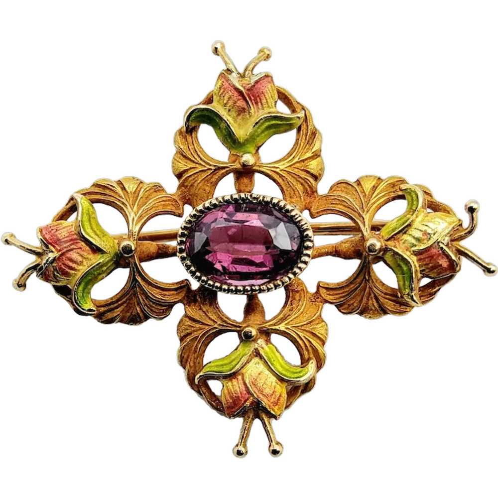 10K Gold Art Nouveau Amethyst Enamel Brooch - image 1