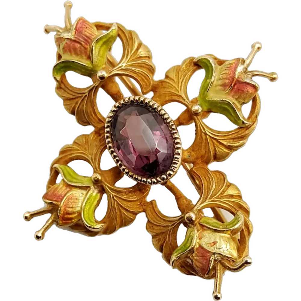 10K Gold Art Nouveau Amethyst Enamel Brooch - image 2