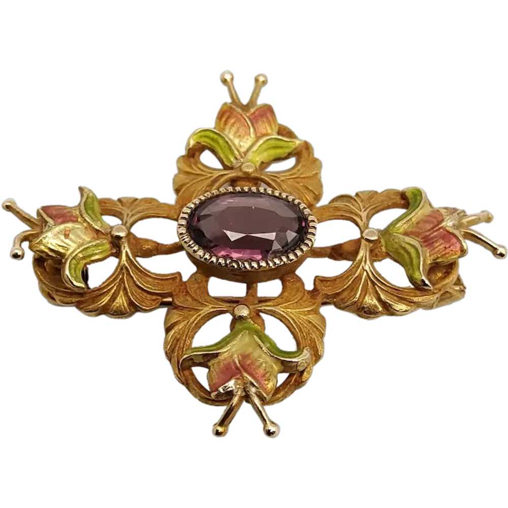 10K Gold Art Nouveau Amethyst Enamel Brooch - image 3