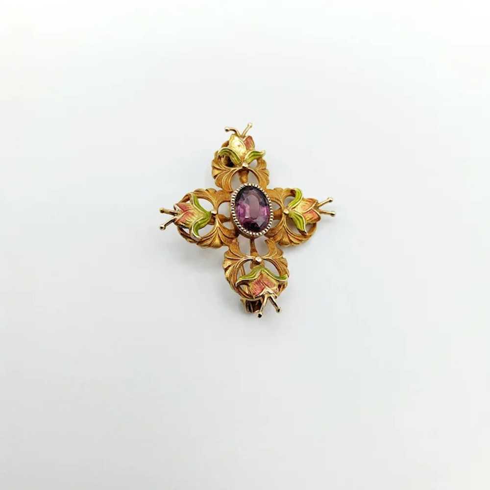 10K Gold Art Nouveau Amethyst Enamel Brooch - image 5