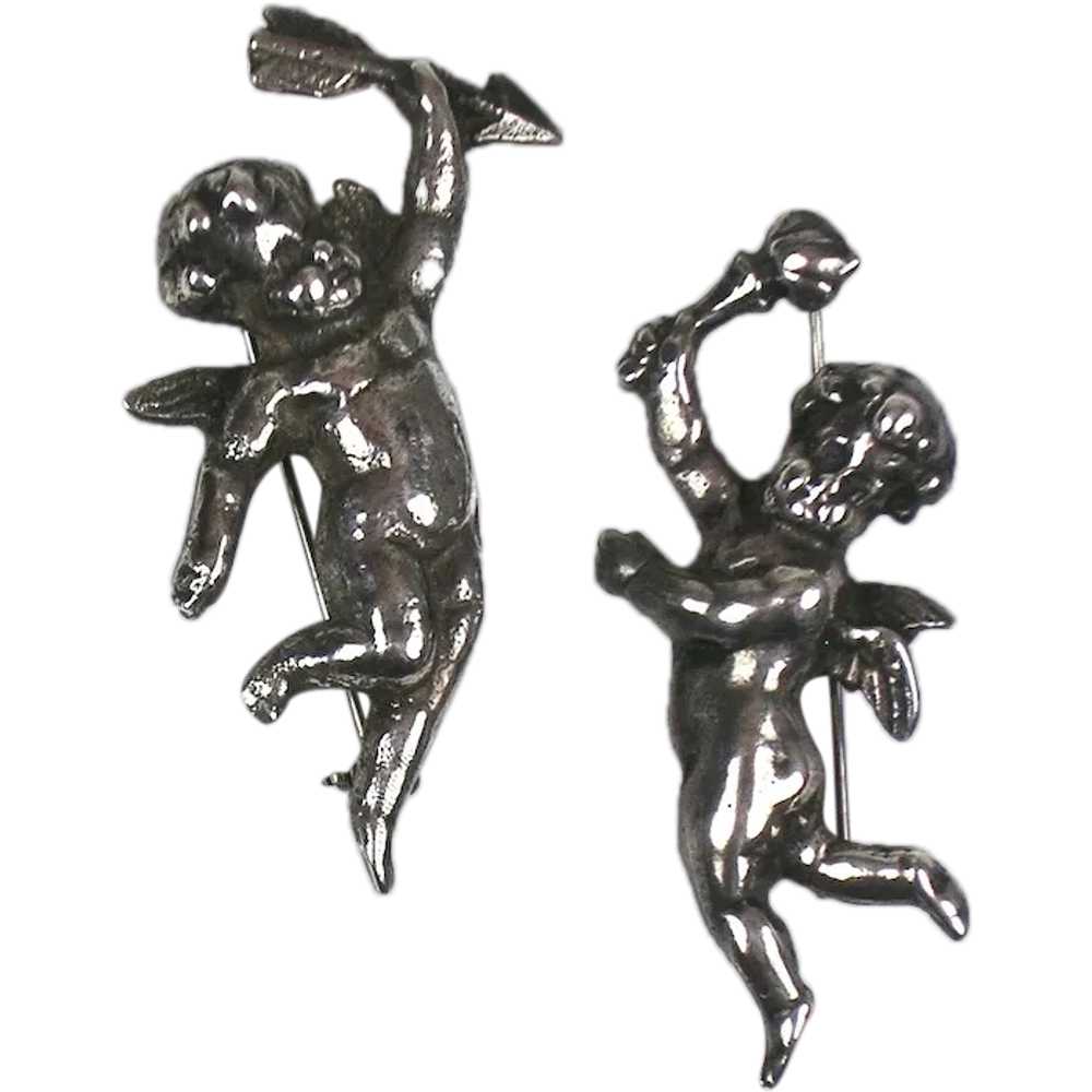 Vintage Pair Sterling Silver Cherub Putti Pins - image 1