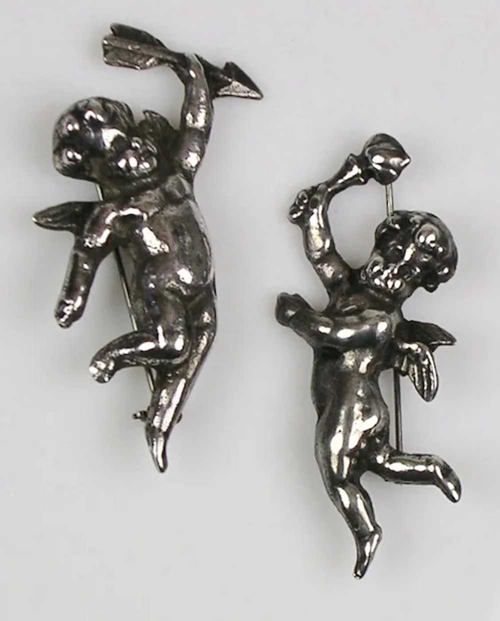 Vintage Pair Sterling Silver Cherub Putti Pins - image 3