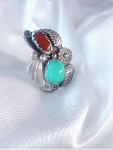 sterling silver turquoise & coral ring