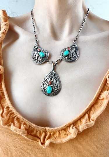 sterling silver turquoise & coral necklace