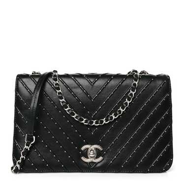 CHANEL Calfskin Studded Chevron Quilted Flap Black