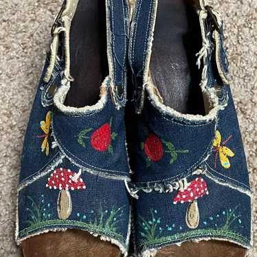 Vintage Denim & Wood Women's Shoes Heels Platform… - image 1