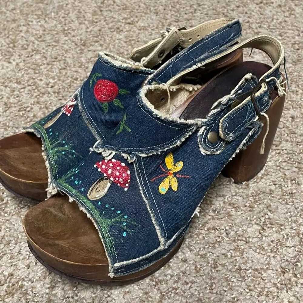 Vintage Denim & Wood Women's Shoes Heels Platform… - image 2