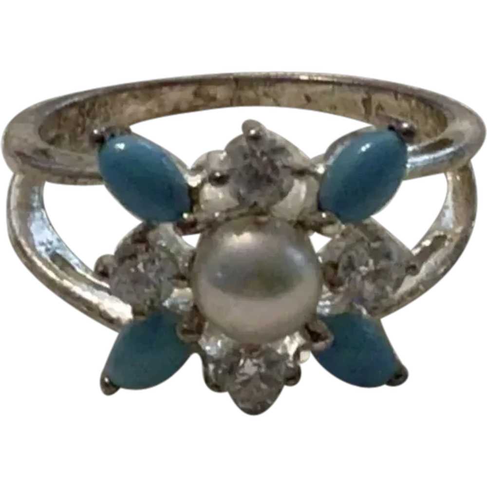 Sterling Silver Faux Turquoise Faux Pearl CZ Ring… - image 1