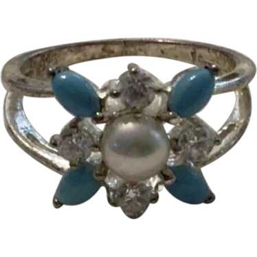 Sterling Silver Faux Turquoise Faux Pearl CZ Ring 