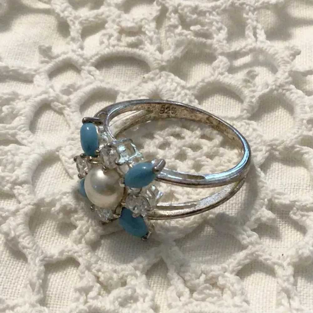 Sterling Silver Faux Turquoise Faux Pearl CZ Ring… - image 5